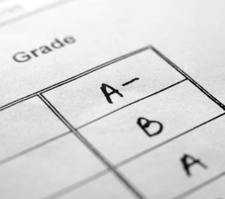 A report card shows several letter grades: A-, B and A.