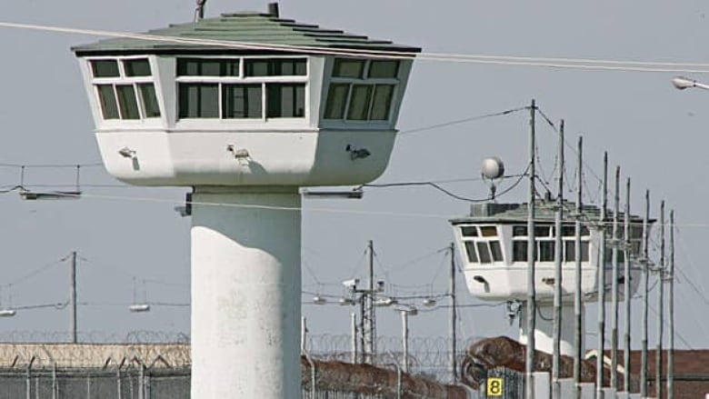 Two white prison towers behind a fence.