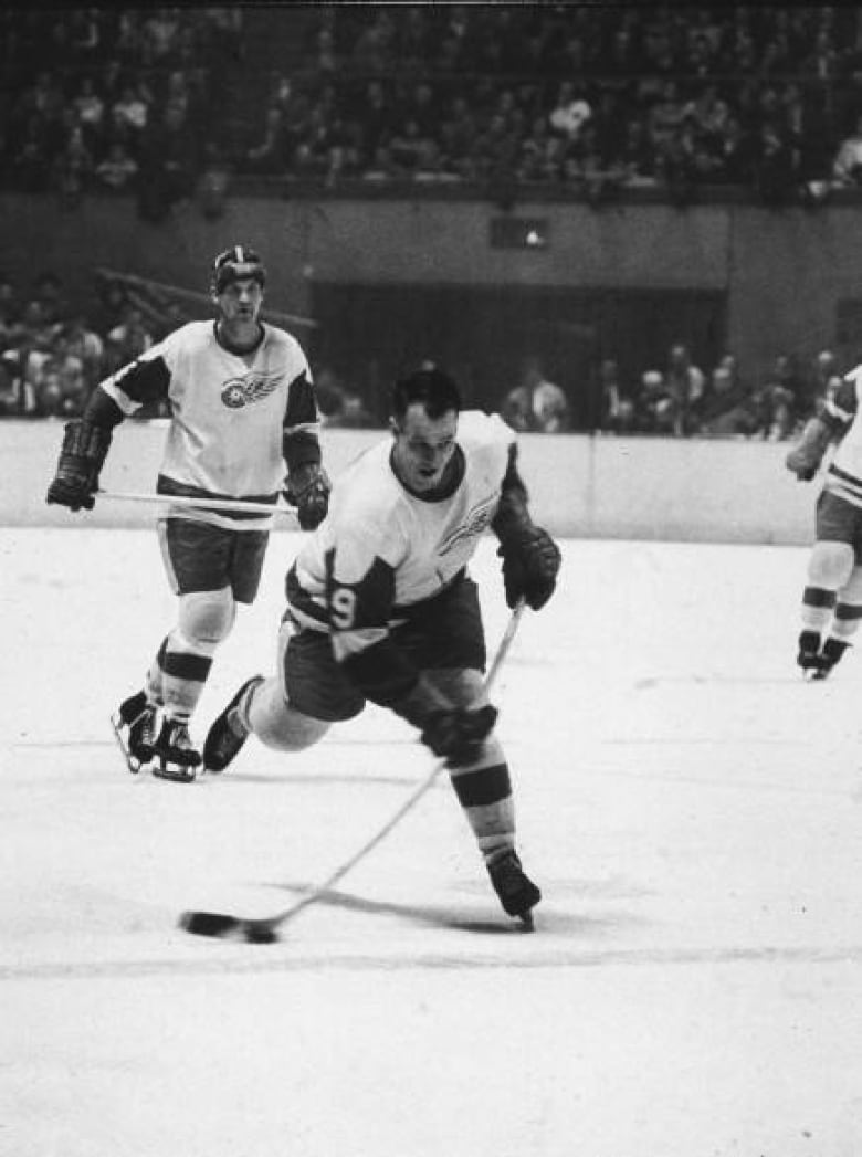 MARCH 1965: Gordie Howe, 36, unleashes a lethal slapshot against the New York Rangers. (Hulton Archive/Getty Images)