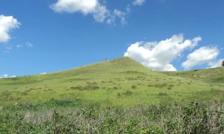 A green hill stands under a blue sky. 