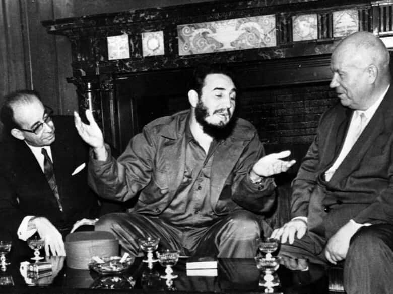 Fidel Castro speaks with Nikita Khrushchev.