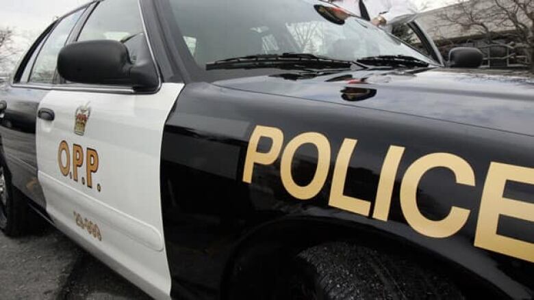 the side of a black and white car with the words O.P.P. and police on it.