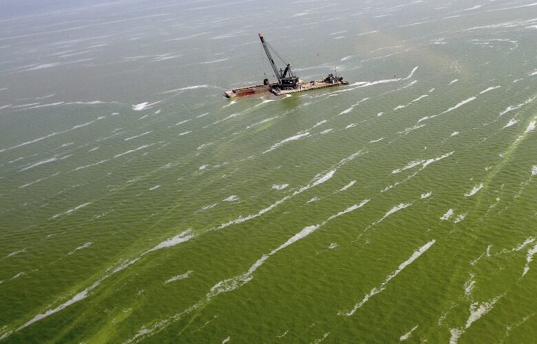 In this Aug. 21, 2013 photo, a dredge barge works along the edge of a large algae bloom in the Toledo shipping channel in Toledo, Ohio. Toxins from the algae blooms on western Lake Erie are infiltrating water treatment plants along the shoreline, forcing cities to spend a lot more money to make sure their drinking water is safe.