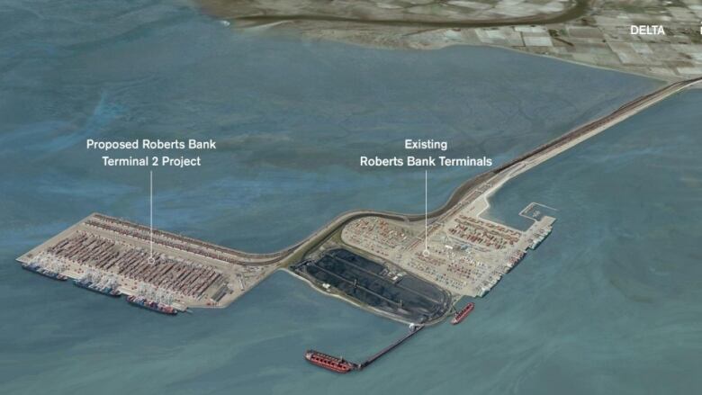 A rendering shows what Roberts Bank Terminal 2 could look like: a large rectangular growth on an artificial peninsula jutting out into the sea