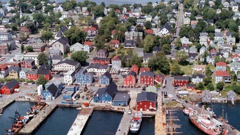 An overhead shot of the Lunenburg waterfront and it colourful homes and boats