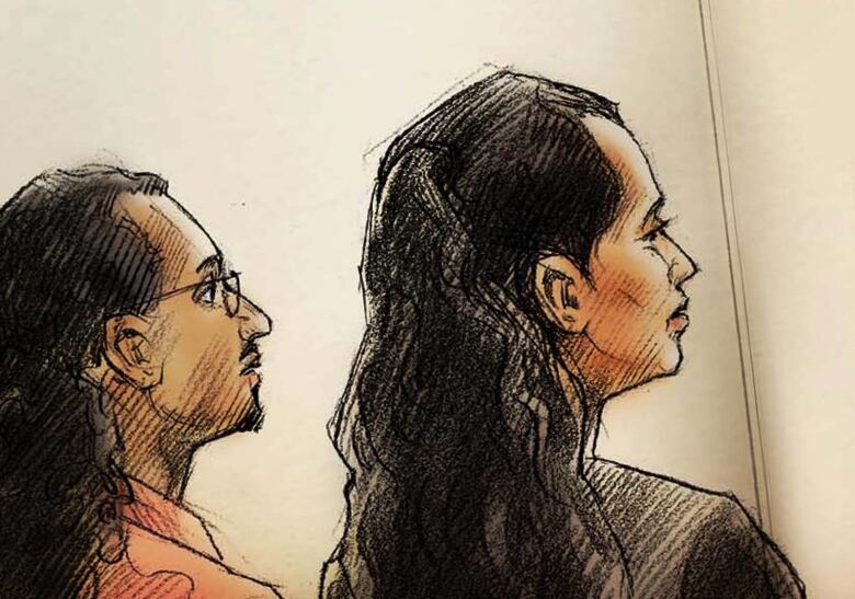 A court sketch of a man, left, with glasses and long hair tied in a ponytail, and a woman, right, with long black hair, half up and half down.