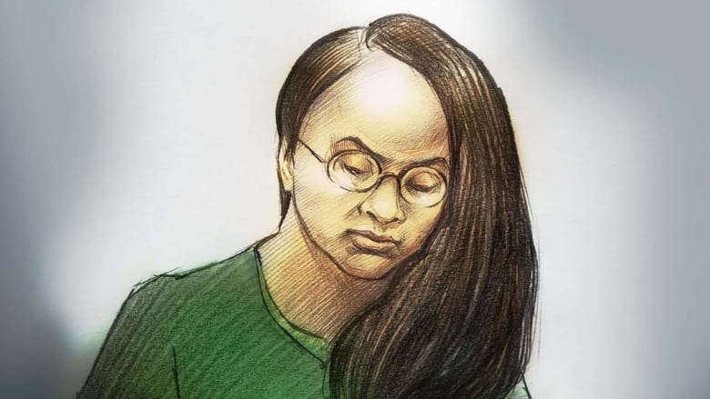 A drawing of a woman in a green shirt with glasses.