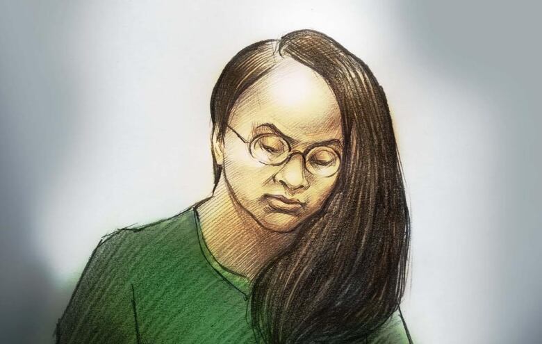 A drawing of a woman in a green shirt with glasses.