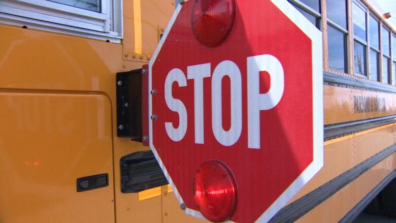 Close up of a stop sign on a school bus.