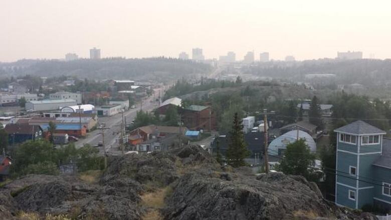 Smoke hovers over the City of Yellowknife on July 10, 2014, as seen from Bush Pilot's Monument.