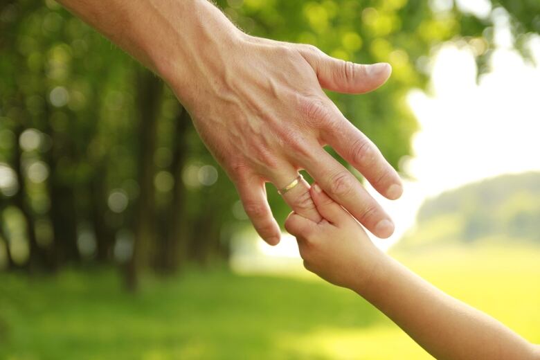 A child's hand holds an adult's fingers in front of a field of trees. 