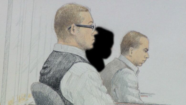 Matthew Johnston, on the left, and Cody Haevischer are depicted in this sketch made in a B.C. Supreme Court courtroom.