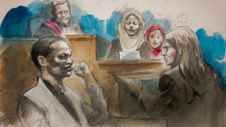 Courtroom sketch showing a man looking on as a witness testifies behind him. 