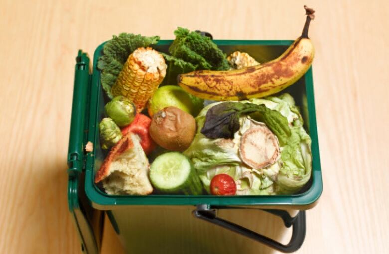 An open green bin filled with food. 