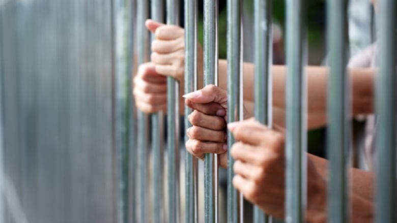 Multiple hands are seen holding bars at a prison.