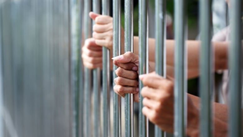 Multiple hands are seen holding bars at a prison.