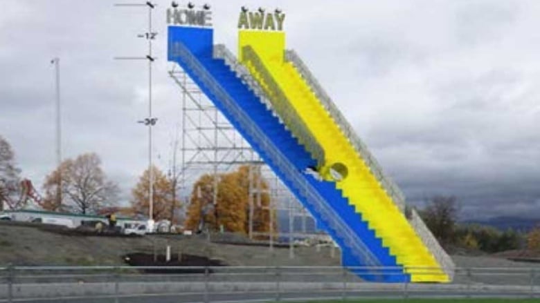 Two sets of long stairs  one blue, one yellow  are pictured in a mockup.