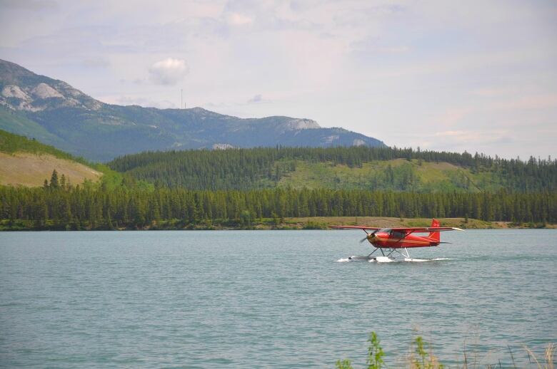 A float plane lands on a lake with mountains in the background.