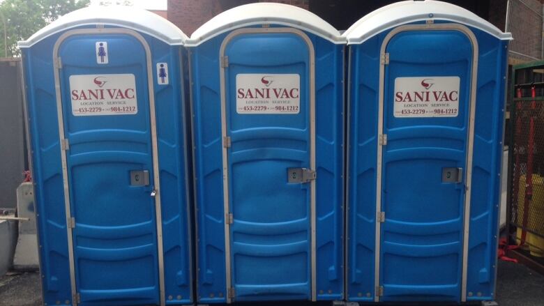 Chemical toilets on the construction site of the new French-language superhospital in downtown Montreal.