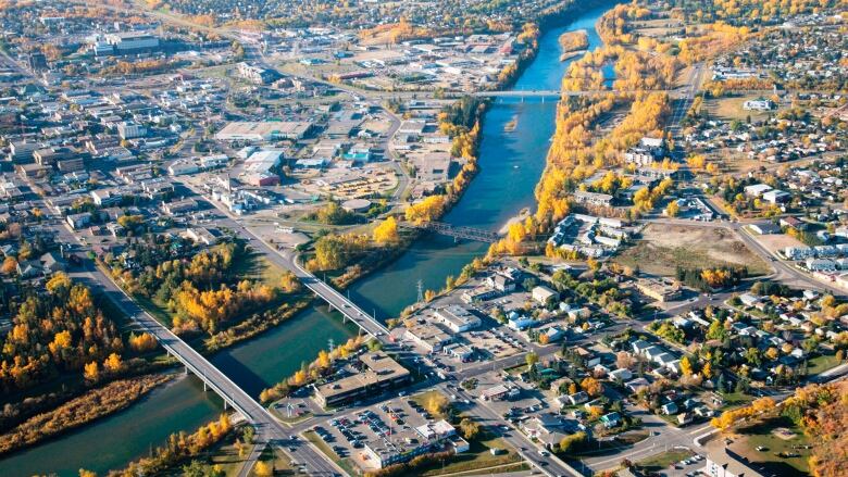 An aerial view of Red Deer, the city which sits between Alberta's two largest centres.