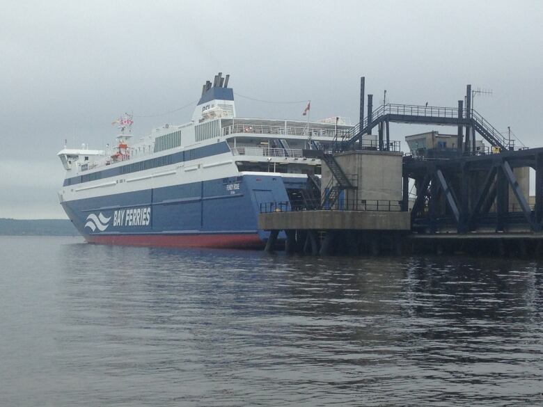 a ferry docked in a harbour on a misty day.