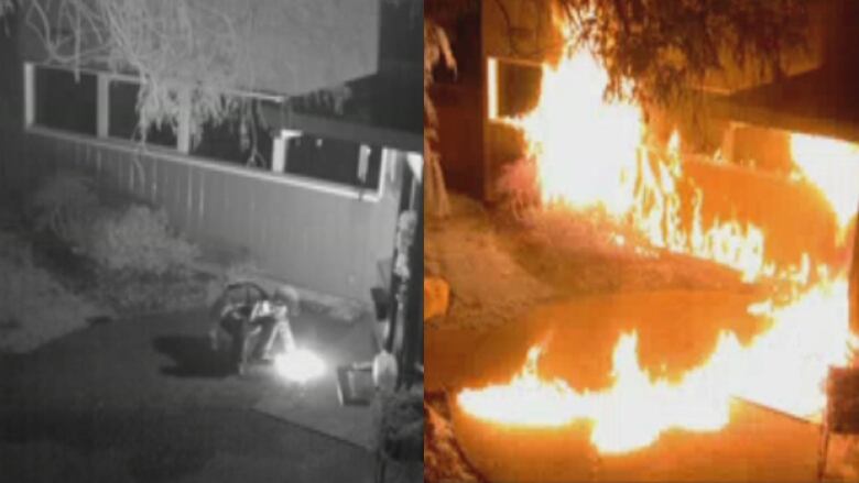 Black-and-white CCTV image showing a person crouching near a white hotspot, next to a photo of a home covered in orange flames.