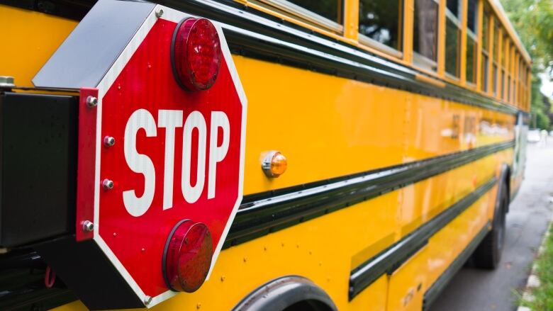 A picture of a yellow school bus stop sign.