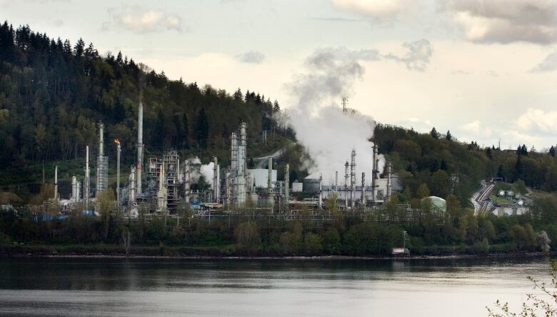 The Burnaby refinery operates near the shoreline surrounded by green trees. Water vapor rises in a white cloud from the facility. 