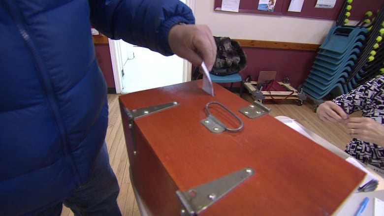 A wooden ballot box. 