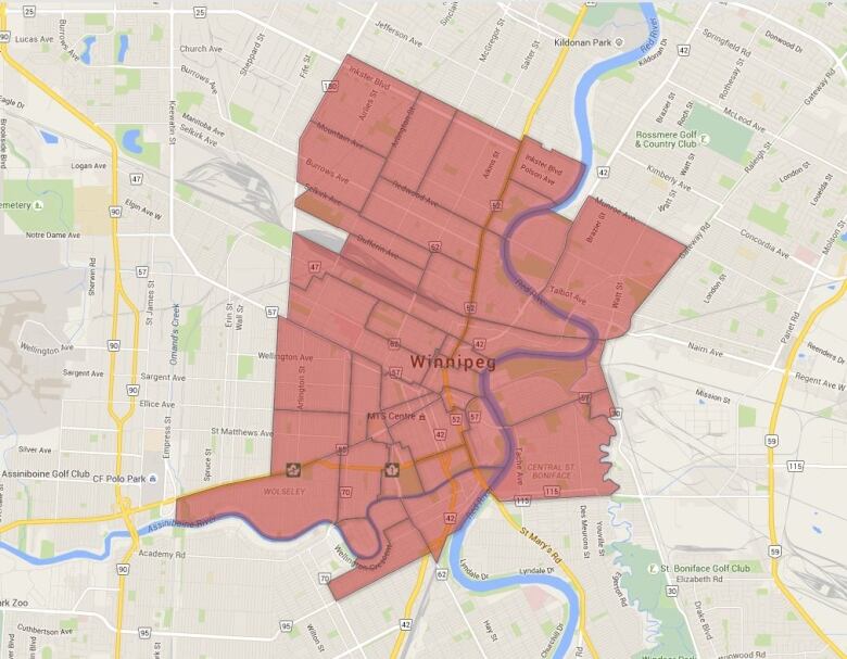 A pink highlighted area on a map of Winnipeg