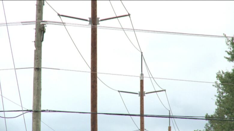 Power poles and line against a grey sky.