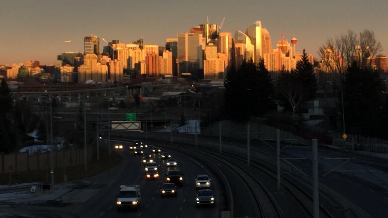 Calgary skyline at sunset.