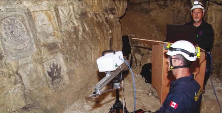 Employees at Canadigm, the non-profit Canadian Historical Documentation and Imaging group, went down into the caves to scan the WW I carvings.