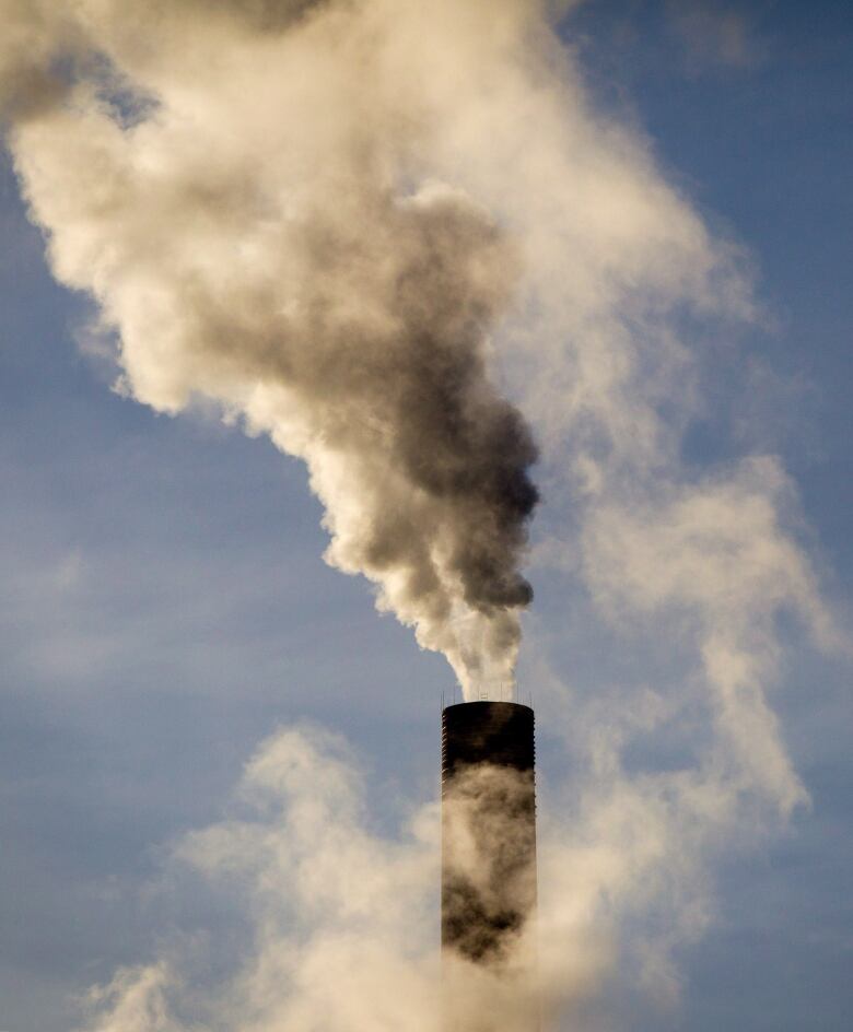 Smoke billows from a smokestack.