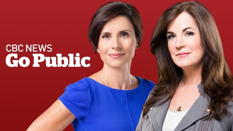 Two women stand in front of a red background that says 