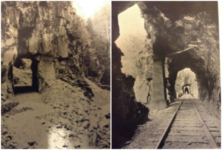 Sepia image of a rough tunnel built through a sheer rock face on the left  old sepia photo of the completed reinforced tunnel on the right.