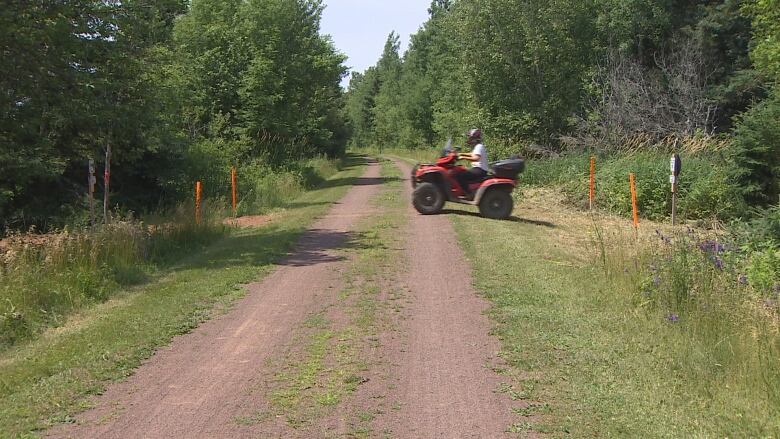 An ATV drives out of a wooded area onto a double-rutted walking trail. 