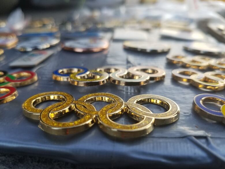 A close-up of Olympic pins from Rio in 2016.