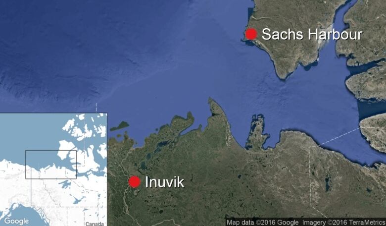 Map depicts locations of Inuvik and Sachs Harbour