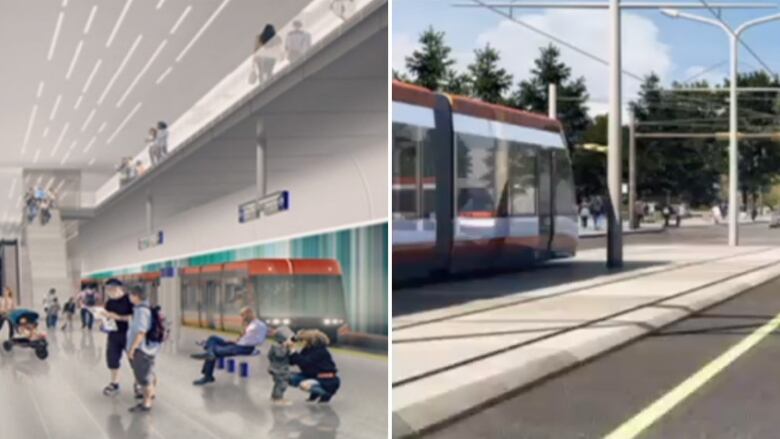 The photo on left shows an artist's conception of an underground LRT station with people on the platform and a train in the background. The photo on the right shows an artist's depiction of a train at a grade-level platform.