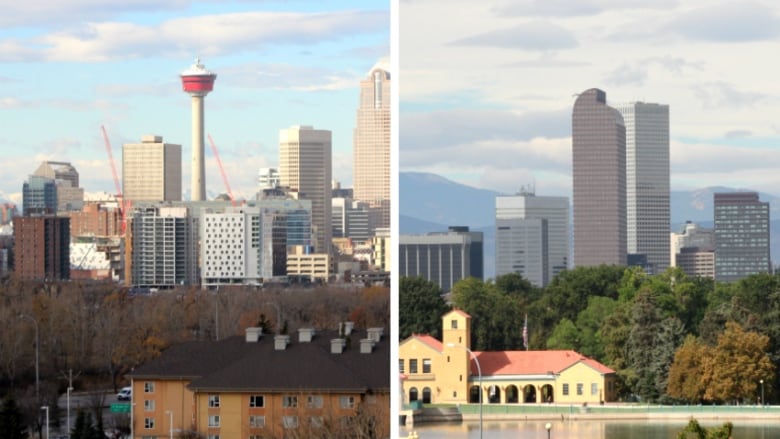 The Calgary skyline, featuring the Calgary Tower, is pictured at left while the Denver skyline is pictured at right.