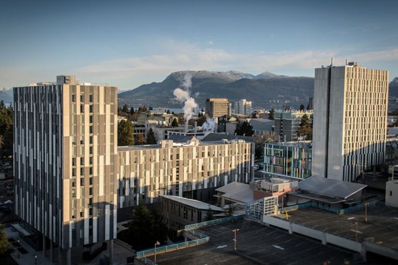 A large grey building with mountains in the background. 