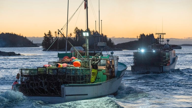 Two lobster fishing boats sail towards a dimly lit sky.