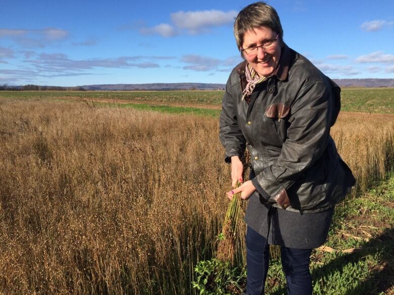 A woman stands in a field of flax.