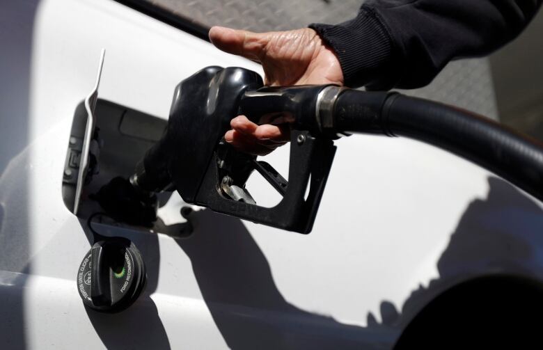 A closeup of a person holding a fuel pump nozzle in the gas tank of a white truck.