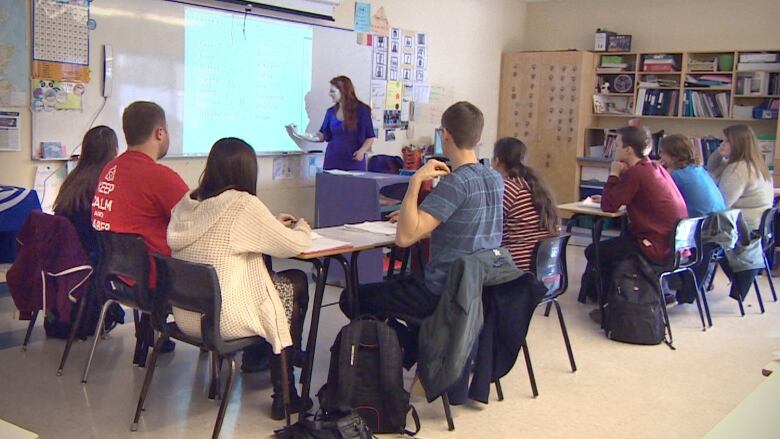 Young people sit around tables in a classroom, looking at an adult standing at a white board.