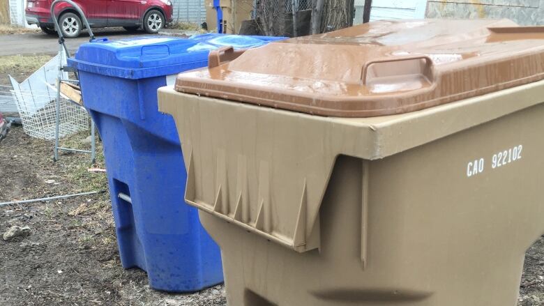 A blue bin and a brown bin