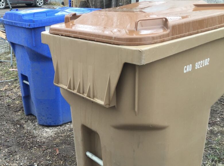 A blue bin and a brown bin