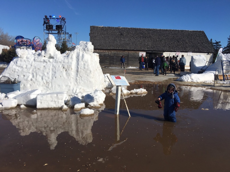 A snow sculpture is seen surrounded by a large puddle of water