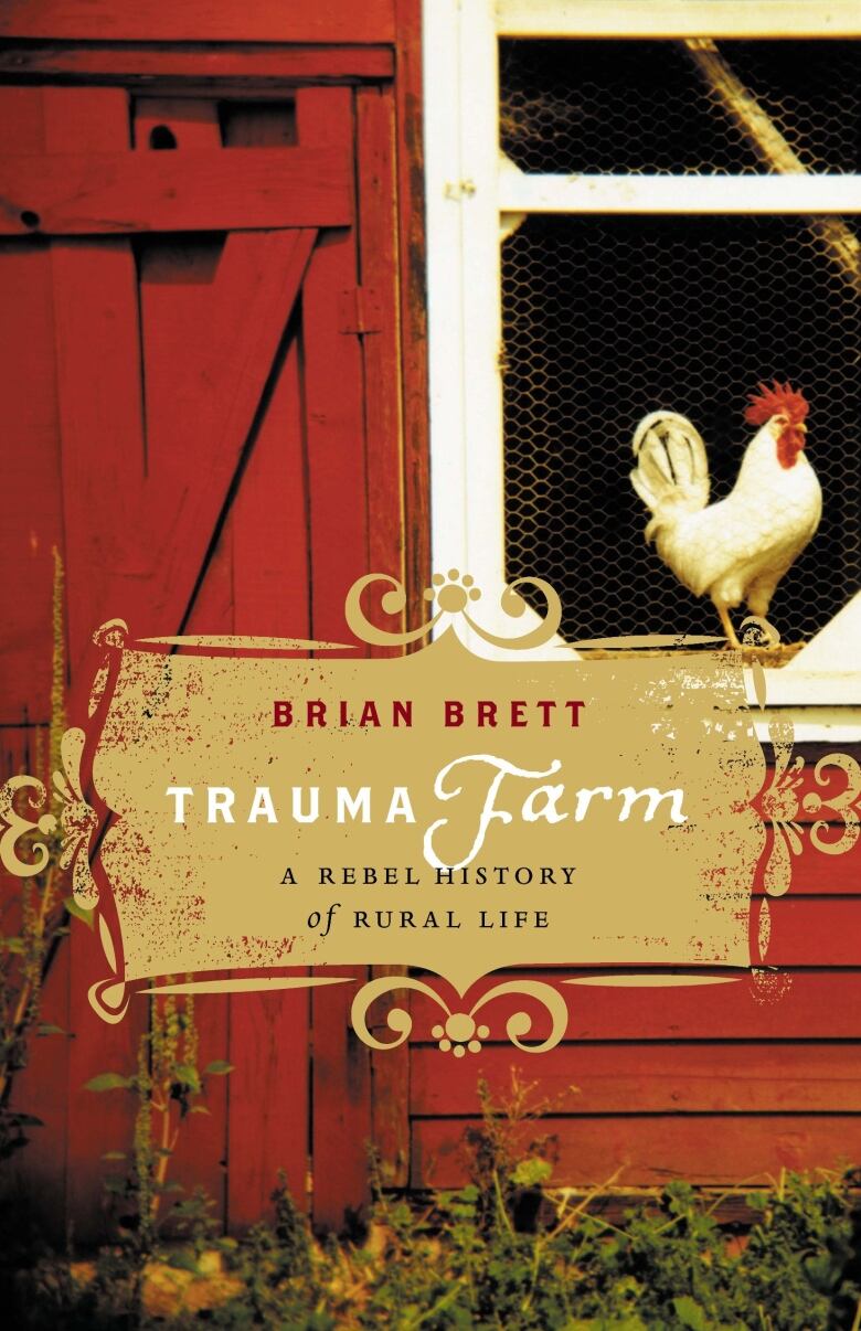 A book cover of a red barn with a rooster in the window. 